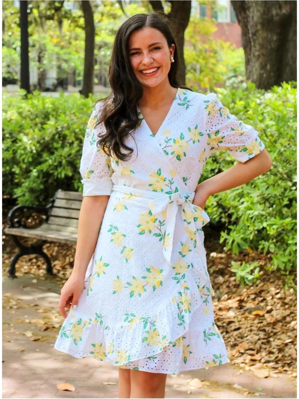 Draper James White Wrap Dress with Yellow Floral Print